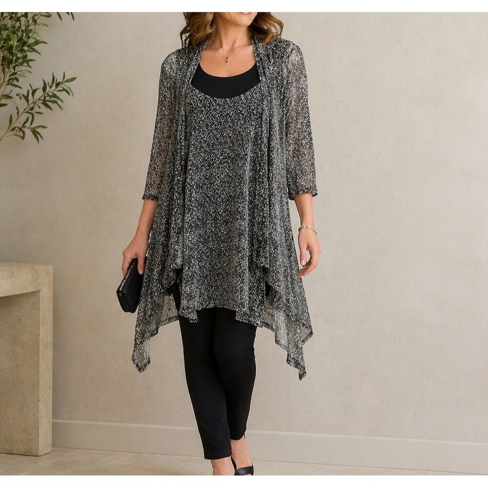 RONEN CHEN 1 Gray Black Open Weave stretch Open Cardigan Sweater Set